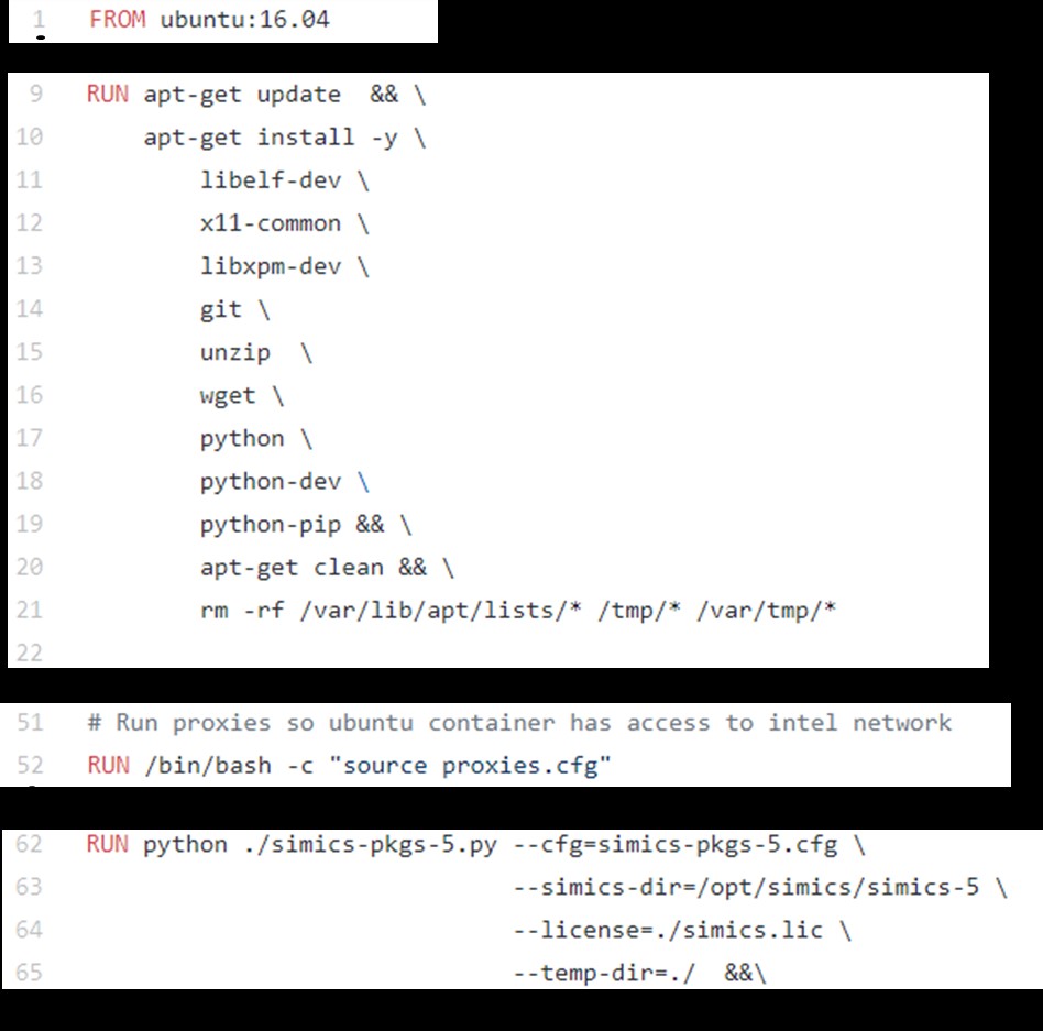 Code listing of a Dockerfile that is used to build a Simics image, only showing a selection of the lines