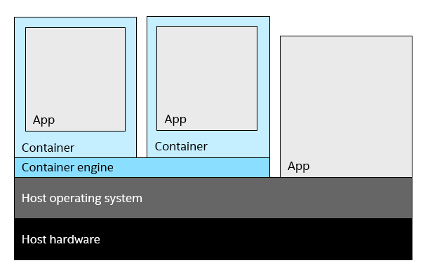 Two containers running on top of a container engine, alongside a standard app on a host machine.