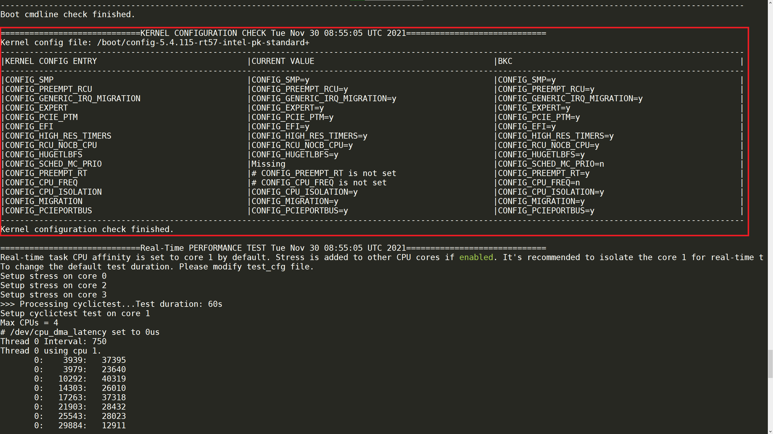 Screenshot of kernel configuration check