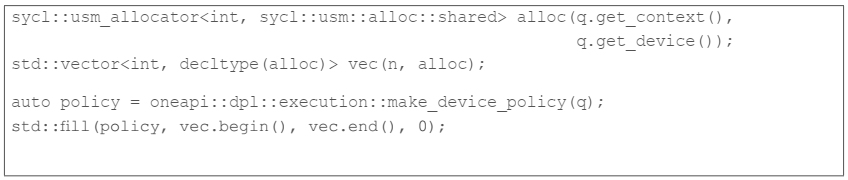 image of a code sample using USM with C++ containers and algorithms