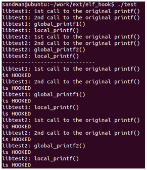  Output of the test program, printf() has been hooked