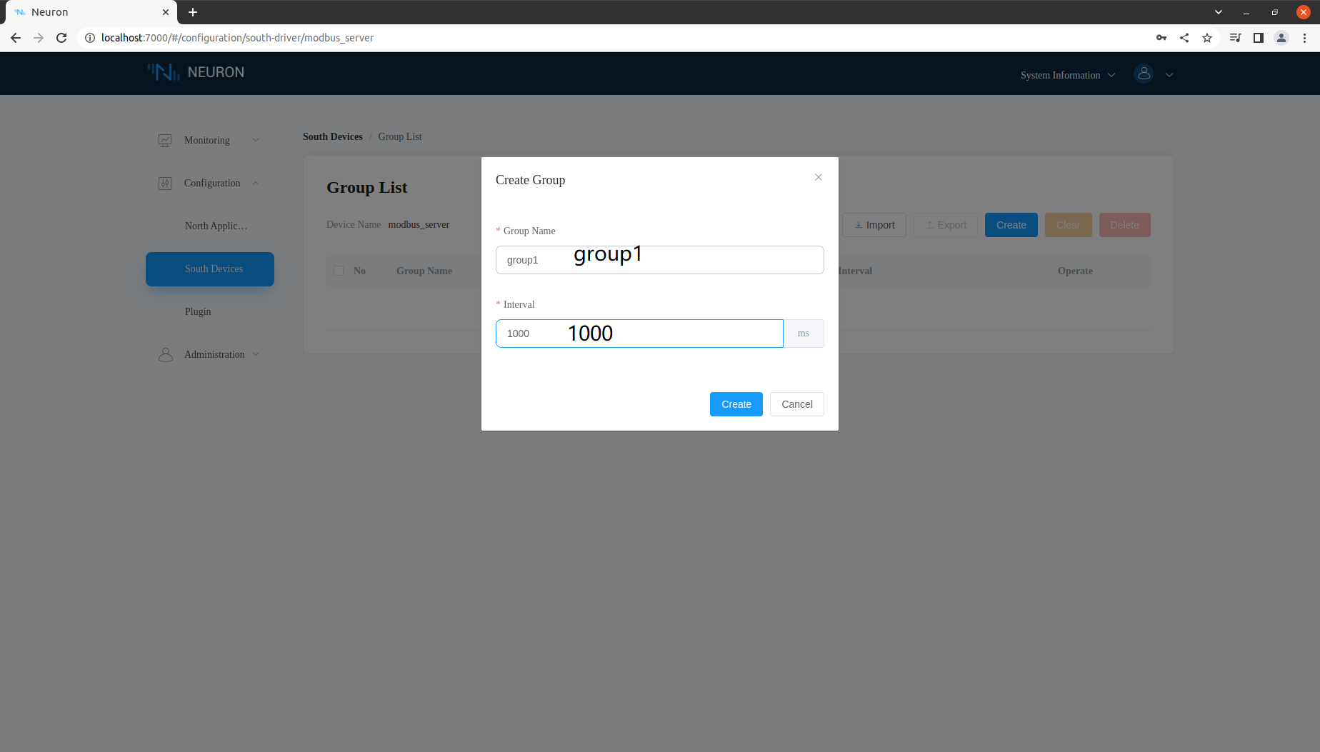 Browser window showing Create Group dialog.