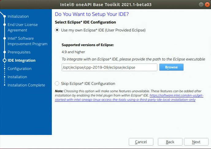 Intel oneAPI base toolkit installation dialog screen capture