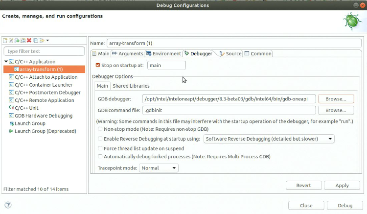 Debug configurations dialog with debugger tab selected