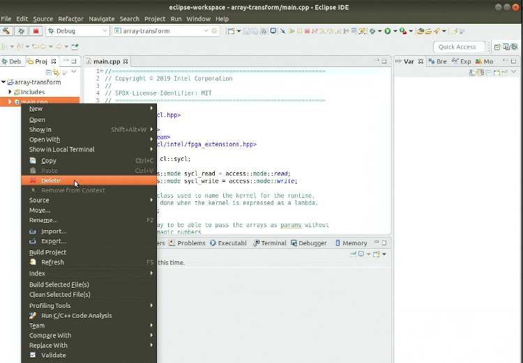 Eclipse application screenshot showing project file context menu