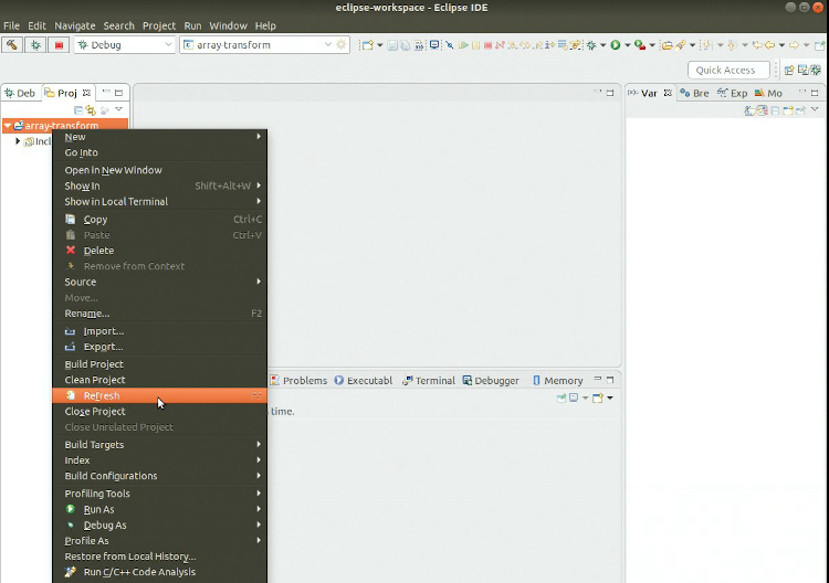 Eclipse application screenshot showing project context menu