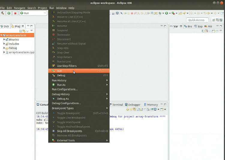 Eclipse application screenshot showing run menu