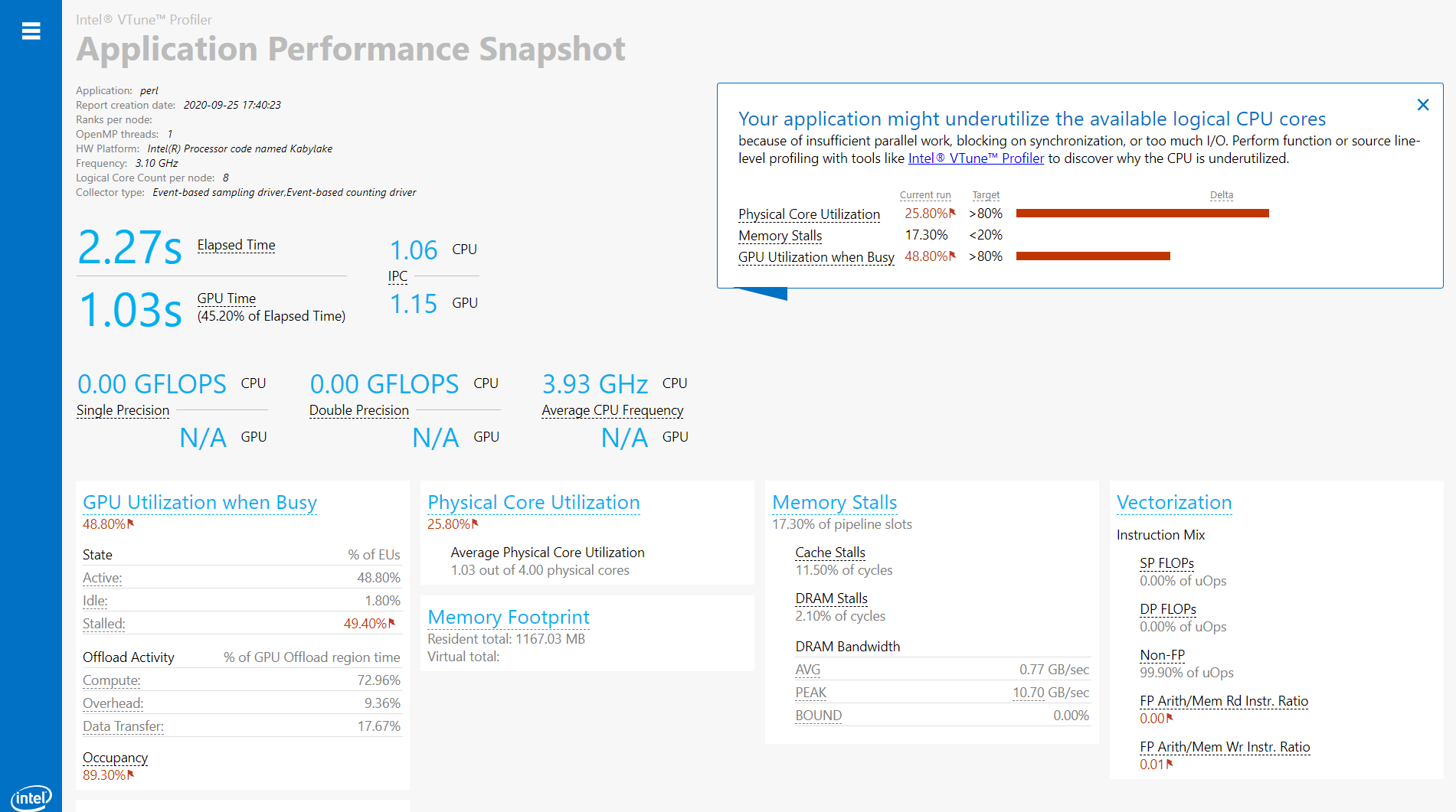 Summary of results from Application Performance Snapshot (Linux only)