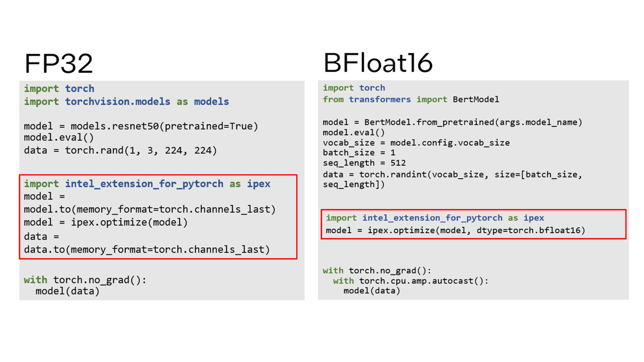 side by side comparisons of fp32 and bfloat16 code