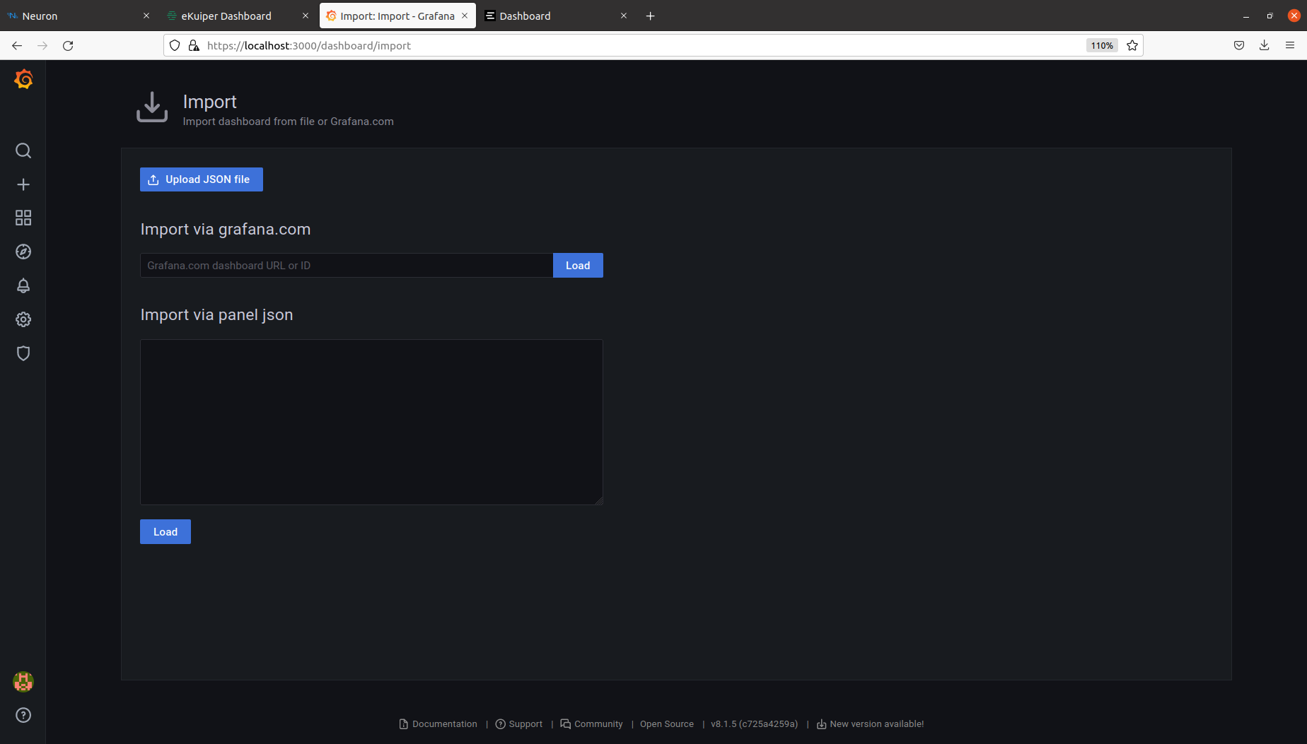 Grafana dashboard showing Import screen with options to load uploaded file. 