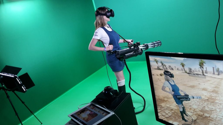 Woman with gun playing VR
