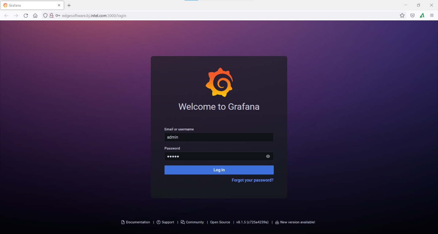 A screen showing the Grafana welcome page with username and password filled in.