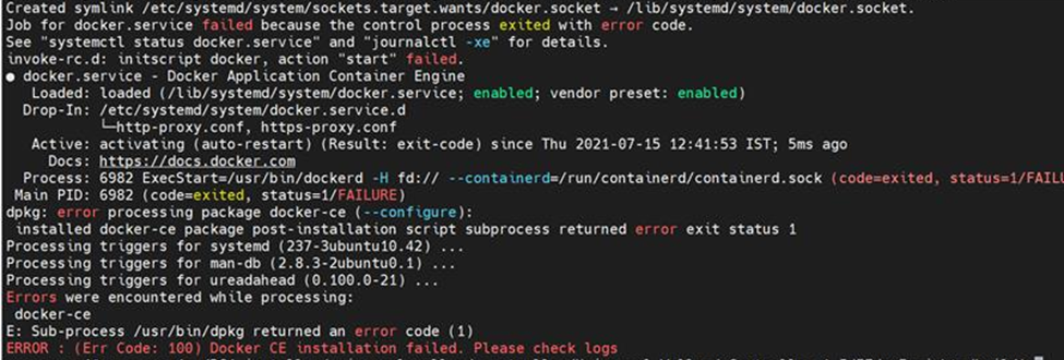Screen showing Docker CE installation failed