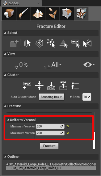 editor mode menu with uniform voronoi configuration highlighted