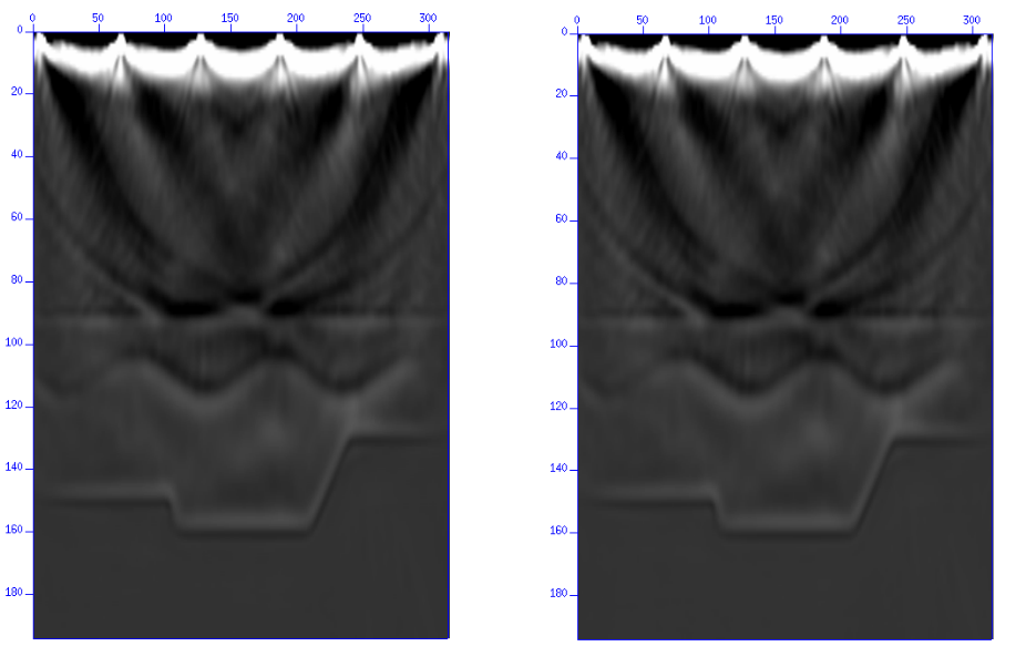 Figure 7. Seismic image generated by the original CUDA-based RTM source code (left) and the migrated DPC++ code (right)