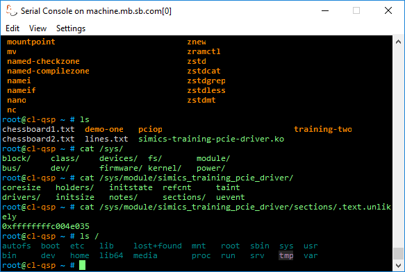 Screenshot of the target console of a Clear Linux system showing a lot of different colors