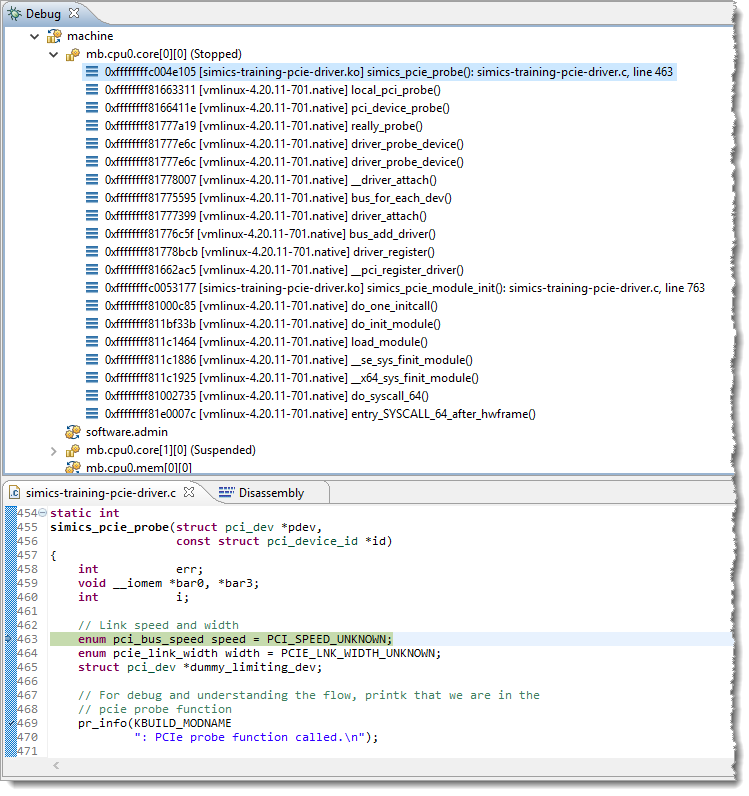 Screenshot from Eclipse showing the debugger stack trace resulting from doing insmod on the Simics training driver