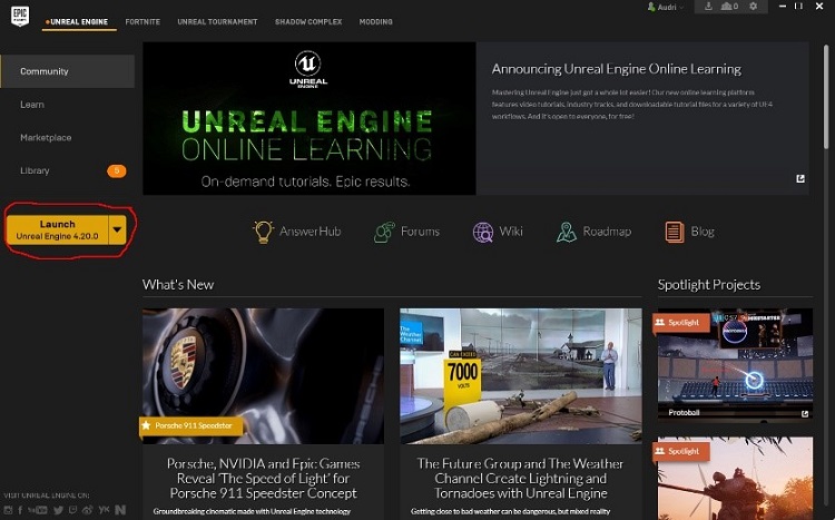 Starting page for Unreal Engine