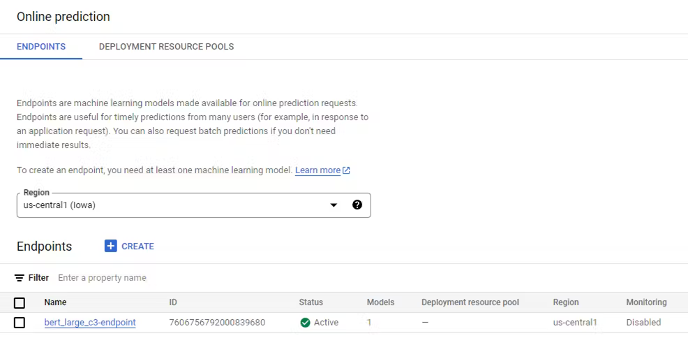 screenshot of online prediction tab in Vertex AI