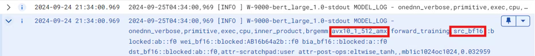 end point log example when using Intel AMX in a model