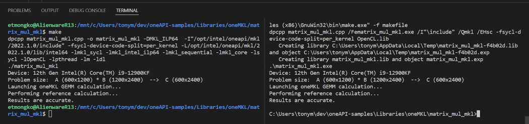VS Code Screenshot of terminal for Matrix MUL MKL