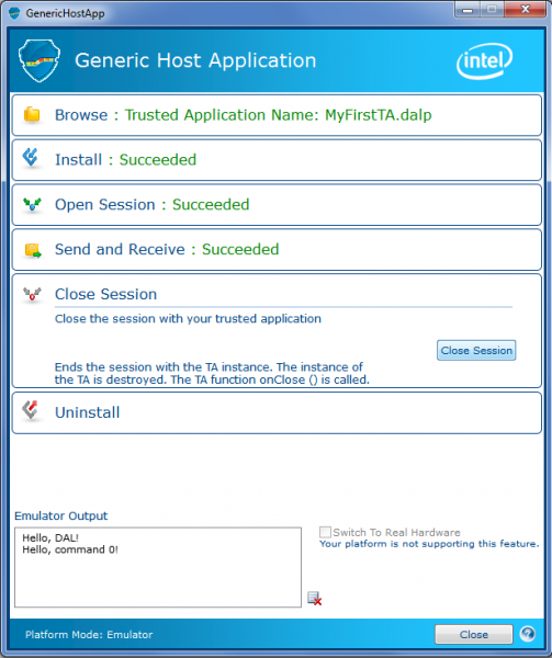 Intel DAL Generic Host Application console window - Close session