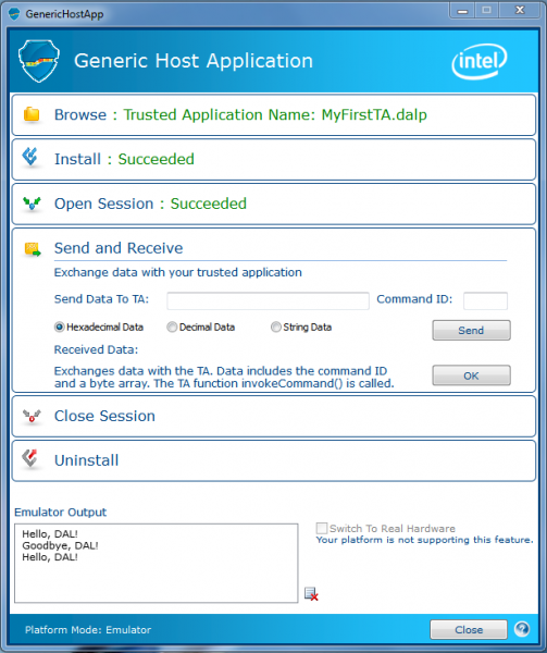 Intel DAL Generic Host Application console window - Hello