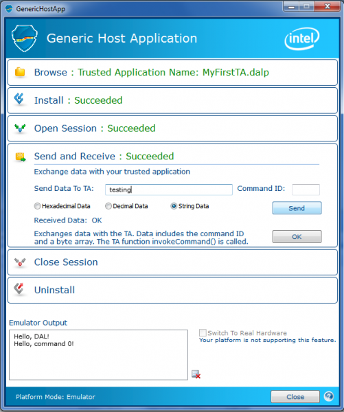 Intel DAL Generic Host Application console window - ID 0