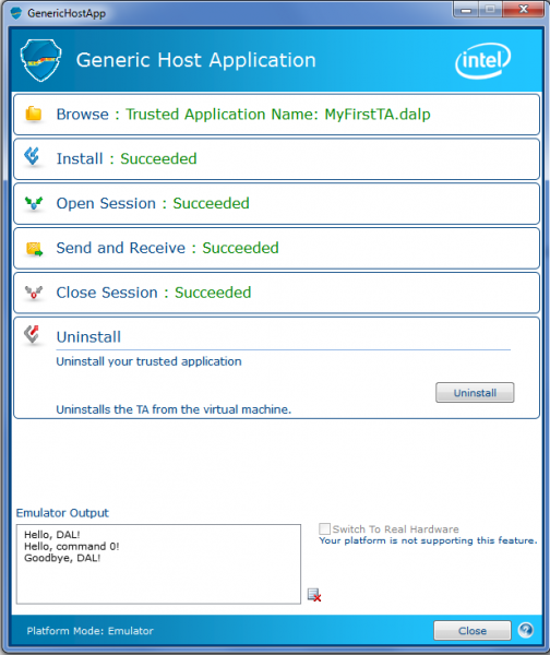 Intel DAL Generic Host Application console window - Uninstall section