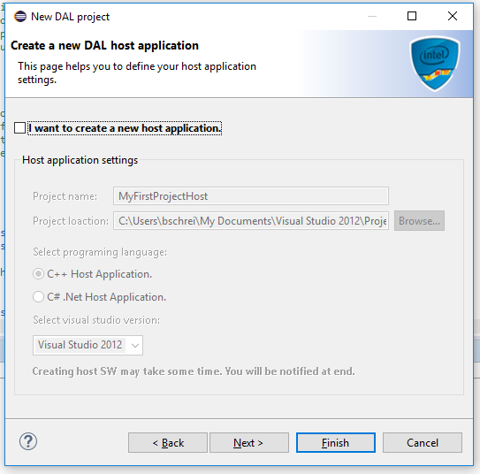 Intel DAL uncheck Create New Host Application