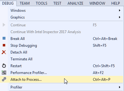 Screenshot from Visual Studio. Attach to process menu item 