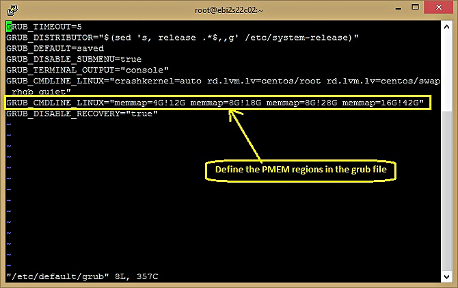 Define PMEM regions in the /etc/default/grub file.