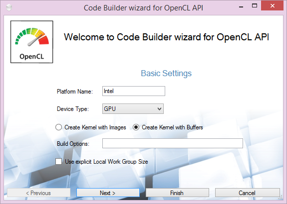 Code Builder wizard for OpenCL API