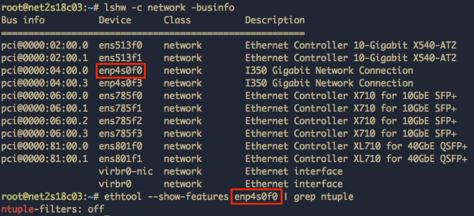 Screenshot of using ethool command to detect Intel Flow Director support.