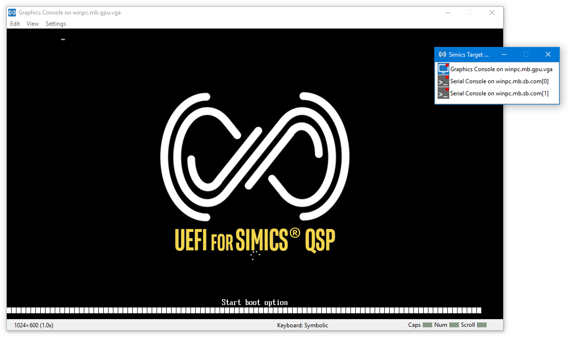 Screenshot showing the graphics console of the Simics target machine with the QSP UEFI splash screen with the Windows 10 spinner superimposed