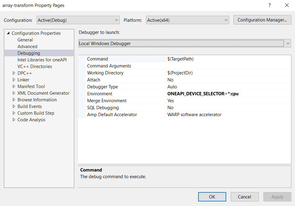 A screenshot of Microsoft Visual Studio, array-transform Property Pages, Debugging configuration properties.