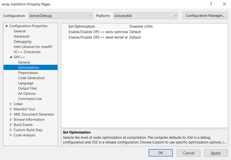 A screenshot of Microsoft Visual Studio, array-transform    Property Pages, DPC++ Optimization, Set Optimization to Disabled    (/Od).