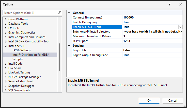 A screenshot of Microsoft Visual Studio Options dialog. General   options shown after navigating to Intel oneAPI > Intel® Distribution    for GDB*.