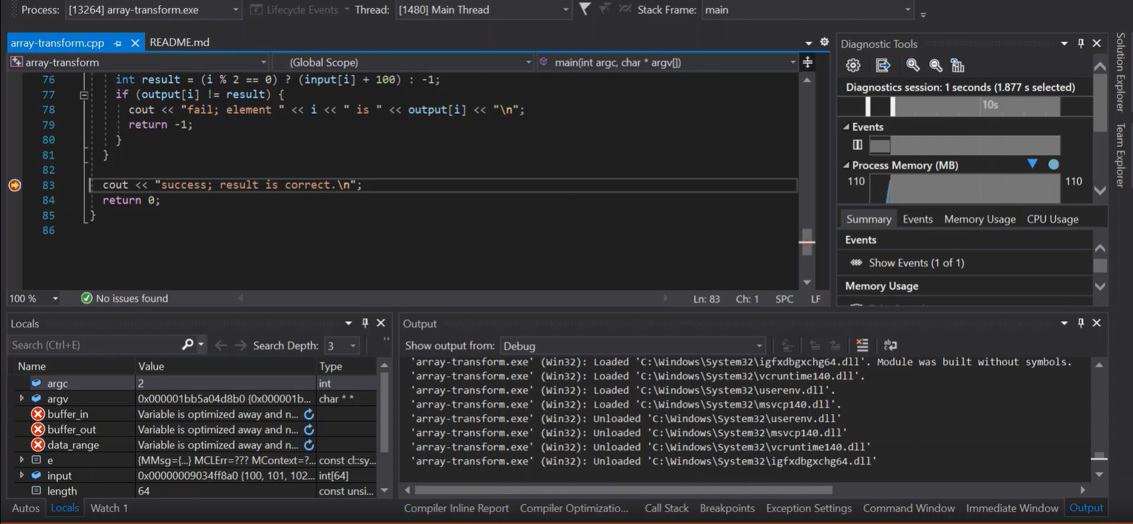 A screenshot of Microsoft Visual Studio showing example output when the debugger hits the breakpoint.