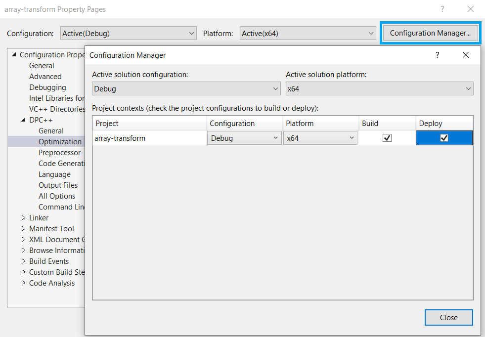 A screenshot of Microsoft Visual Studio, array-transform    Property Pages, Configuration Manager window active.