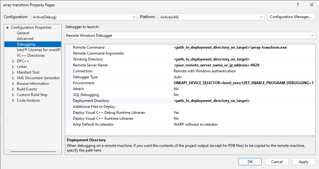 A screenshot of Microsoft Visual Studio, array-transform    Property Pages. The Configuration dropdown shows Active (Debug).    Under Configuration Properties, Debugging is selected and the    settings for Remote Windows Debugger are shown.