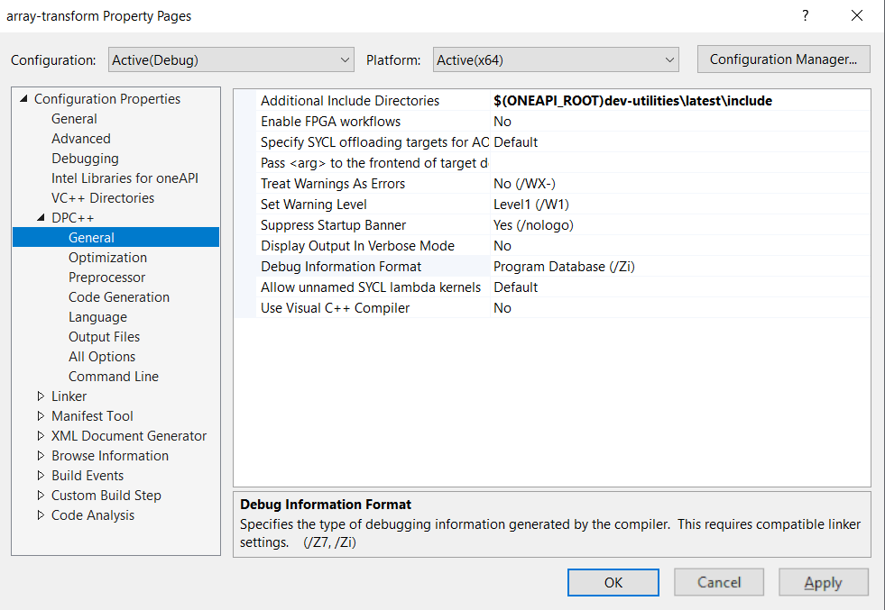 A screenshot of Microsoft Visual Studio, array-transform    Property Pages, DPC++ General, Debug Information Format set to    Program Database (/Zi).