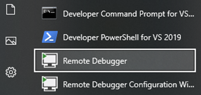 A screenshot of Windows Start menu, Remote Debugger app selected.