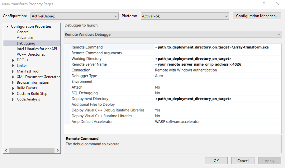 A screenshot of Microsoft Visual Studio, array-transform Property Pages, Configuration Properties, Debugging, Remote Windows Debugger.