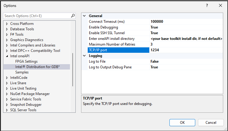 A screenshot of Microsoft Visual Studio Options dialog. General options shown after navigating to Intel oneAPI > Intel® Distribution for GDB\*. The value for TCP/IP port is set to 1234.