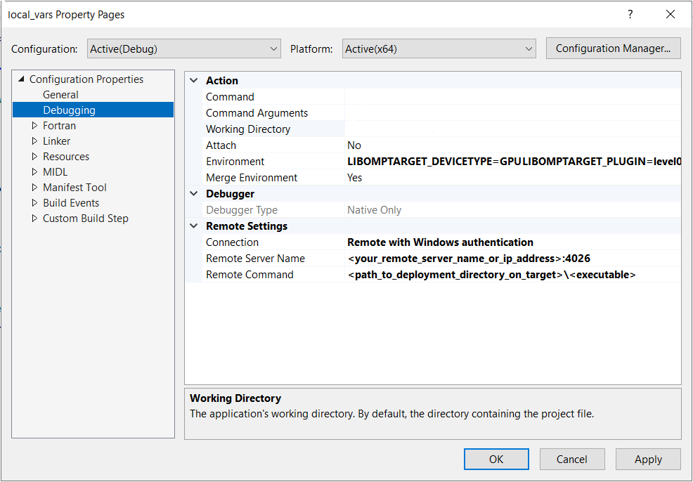 A screenshot of Microsoft Visual Studio local_vars Property Pages after navigating to Configuration Properties > Debugging. Several settings are shown under Action and Remote Settings.