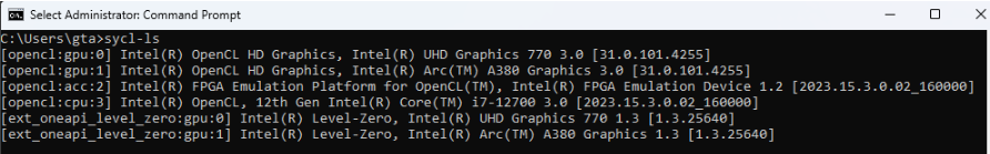 An example of the console output after running the sycl-ls    command in the command prompt of the remote target.