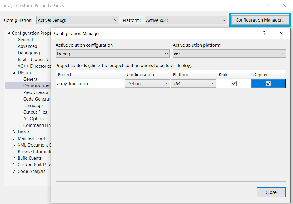 A screenshot of Microsoft Visual Studio, array-transform Property Pages, Configuration Manager window active.