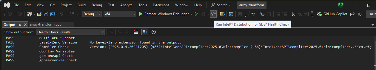 A screenshot of the Intel® GDB Debugger Health Check tool when performing remote debugging.