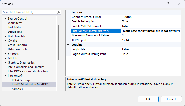 A screenshot of Microsoft Visual Studio Options dialog. General options shown after navigating to Intel oneAPI > Intel® Distribution for GDB&bsol;*. The value for TCP/IP port is set to 1234.